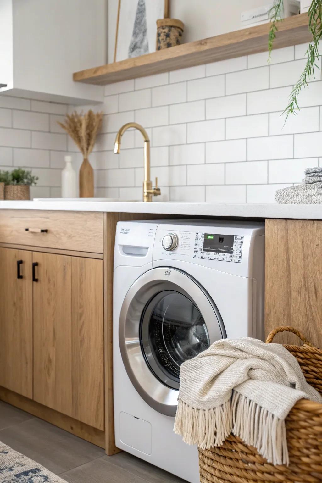 A simple tiled backsplash makes an under-counter washer look seamlessly built-in.