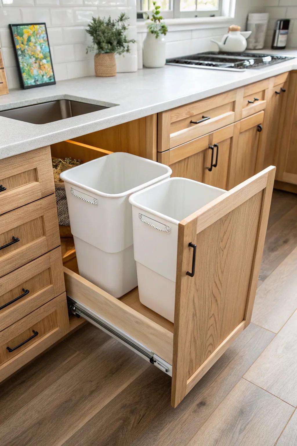Turn the awkward corner into a sleek pull-out trash + recycling station—no lazy Susan needed.