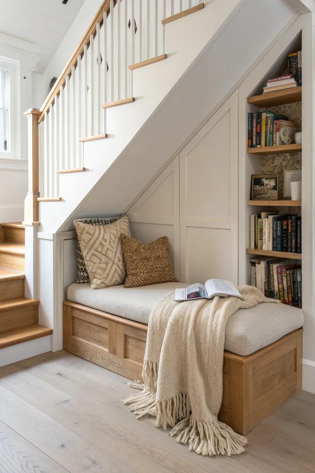 A secret under-stairs reading bench—soft cushion, warm oak, and a cozy angled ceiling.