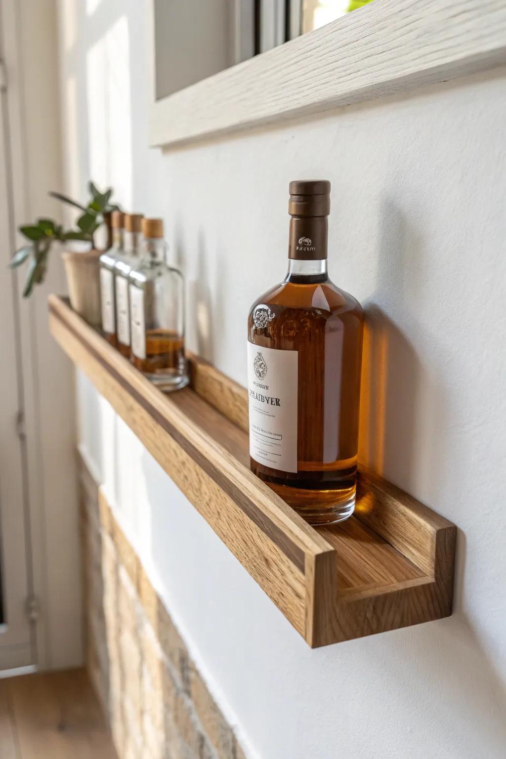 A slim picture-ledge turns one bottle into a curated, space-saving wall statement.