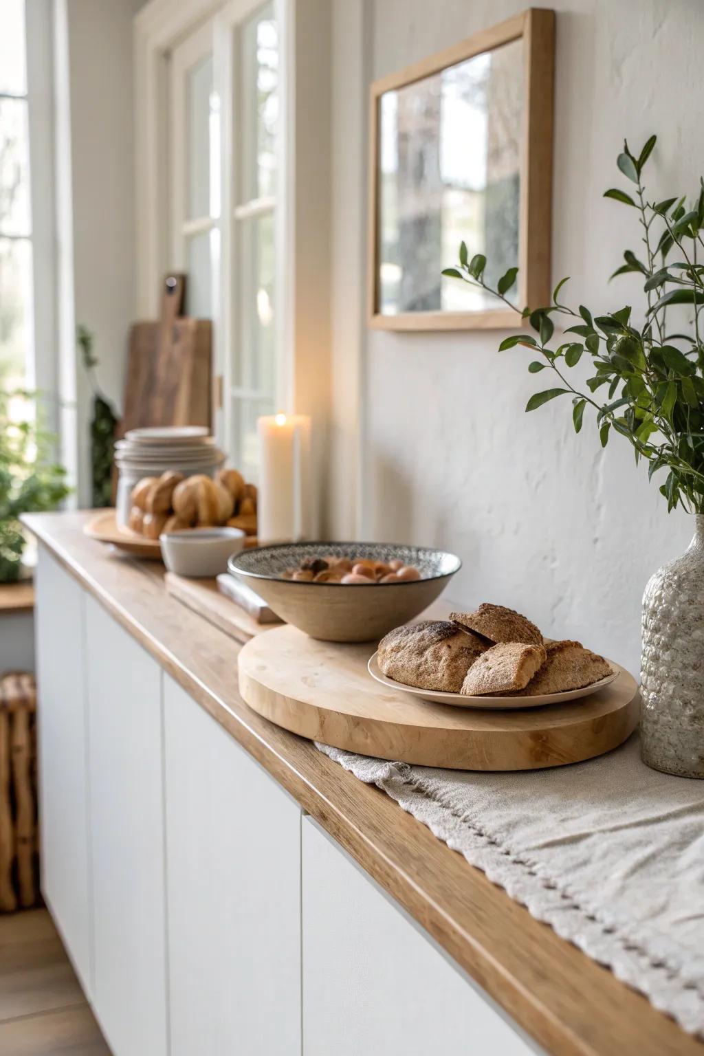 A low buffet ledge creates separation and doubles as a chic mini serving station.