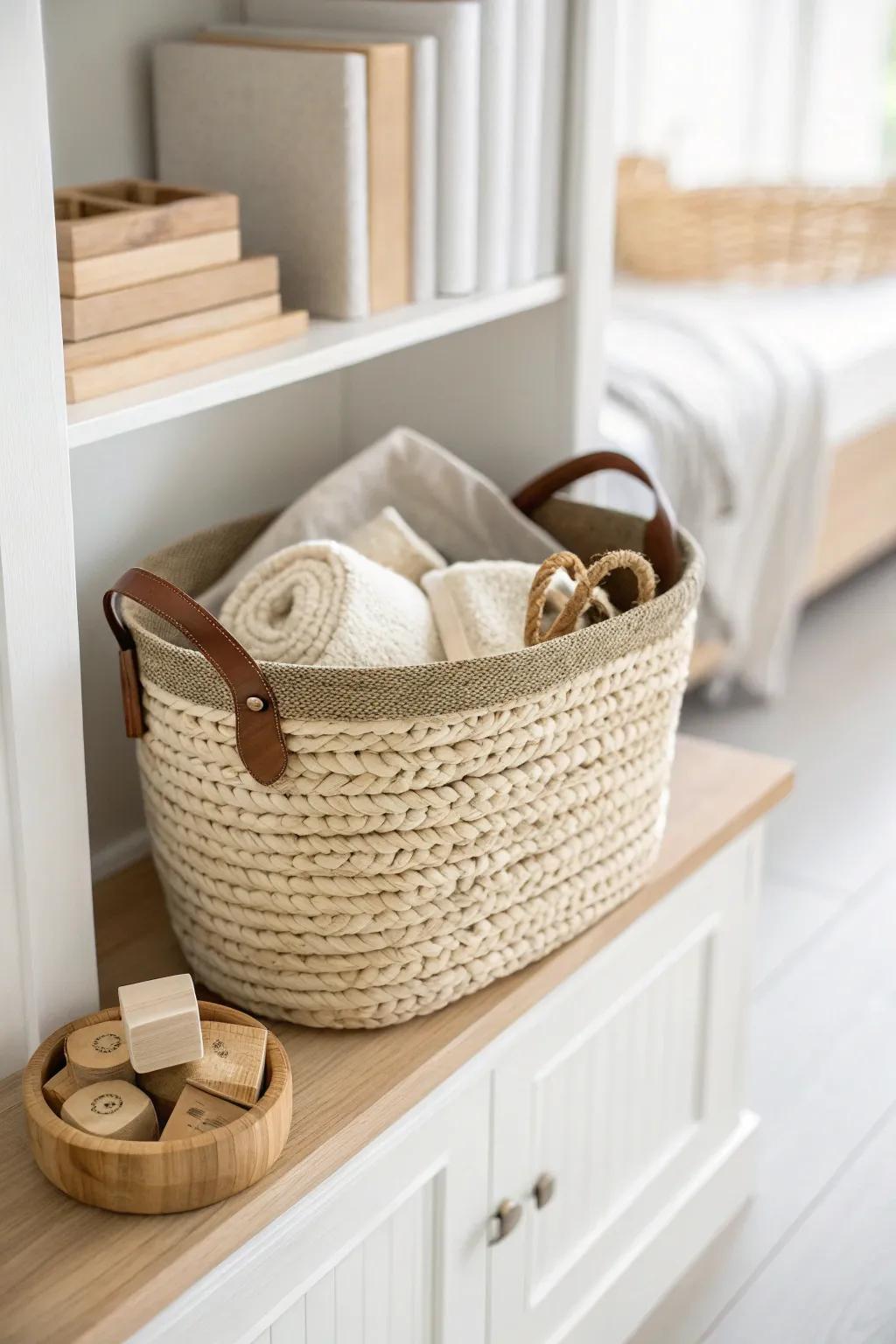 Low woven toy bin + top adult shelf: a kid zone that keeps the living room calm by dinner.