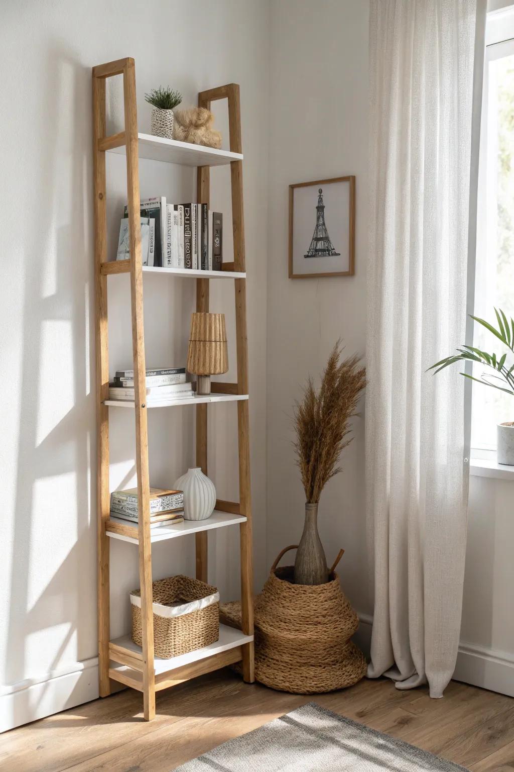 Go vertical with slim shelving—pretty storage that frees floor space and keeps a condo airy.