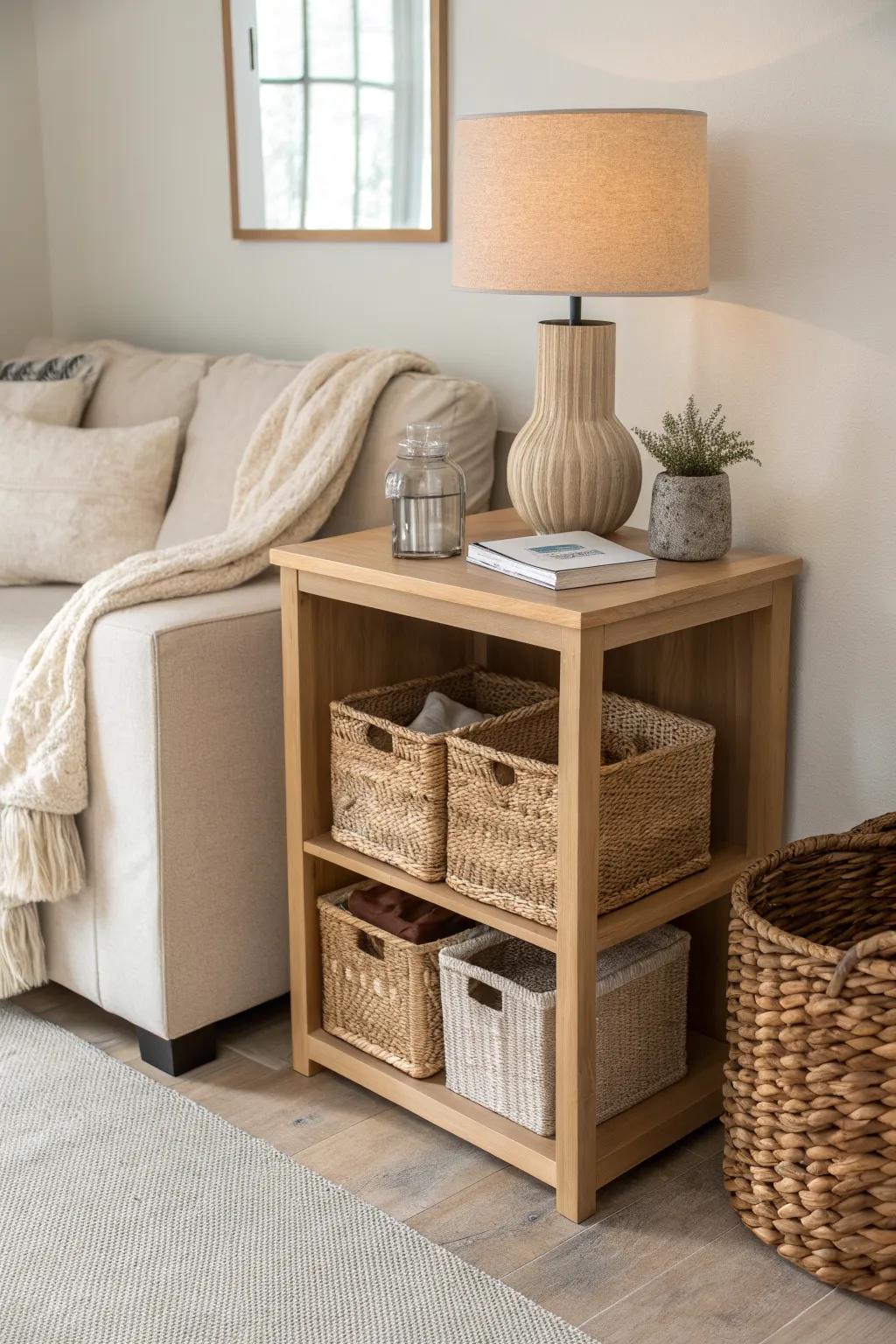 Turn a cube organizer sideways for a slim behind-the-sofa console that hides clutter in style.