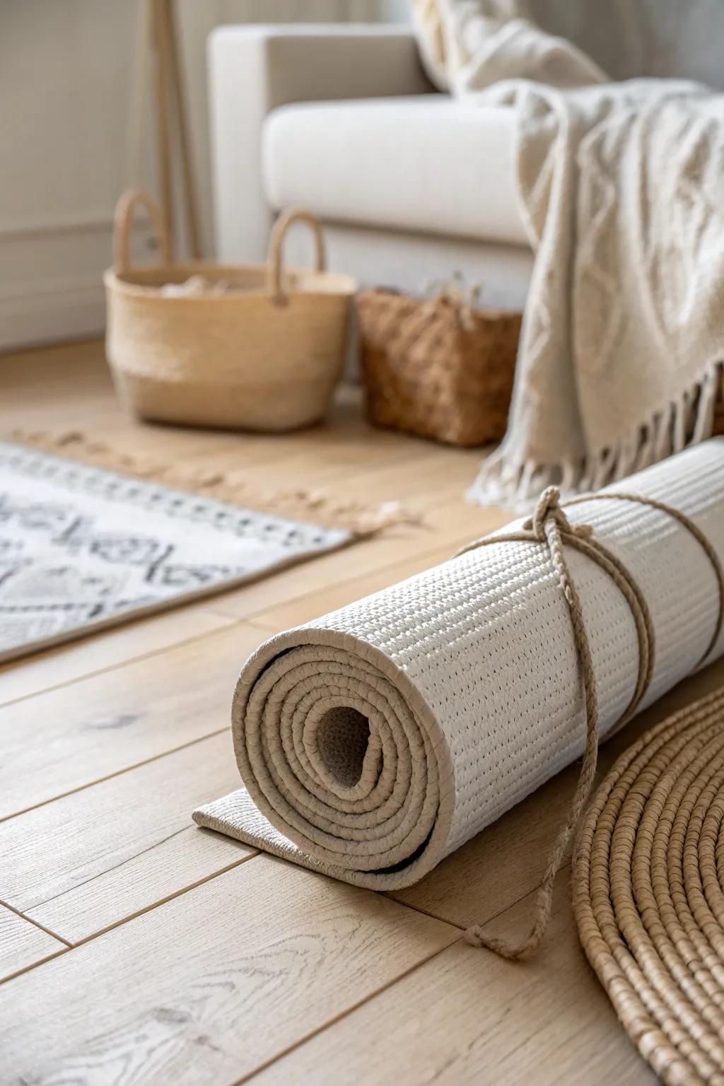 A greige yoga mat in linen ties keeps your living-room gym combo calm, curated, and cohesive.