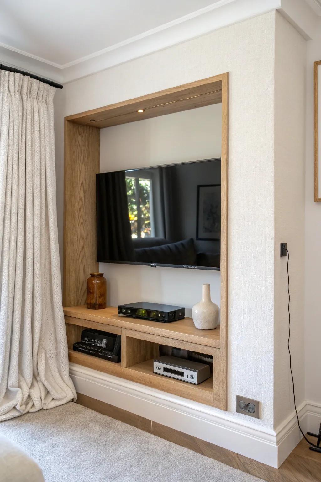 A built-in TV niche that hides cables and keeps your small living room serene and clutter-free.