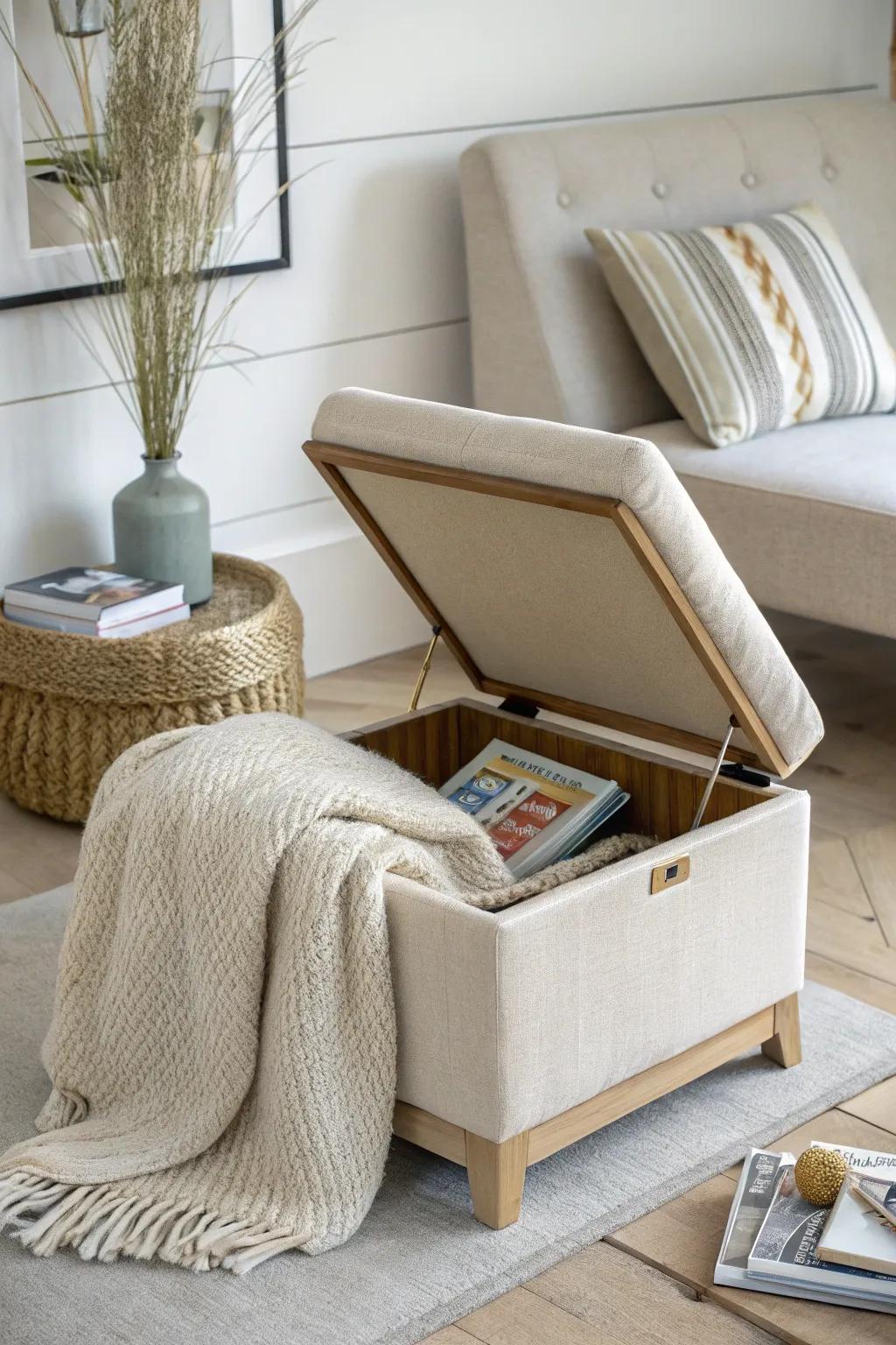 A chic storage ottoman that hides blankets and games while doubling as extra seating.