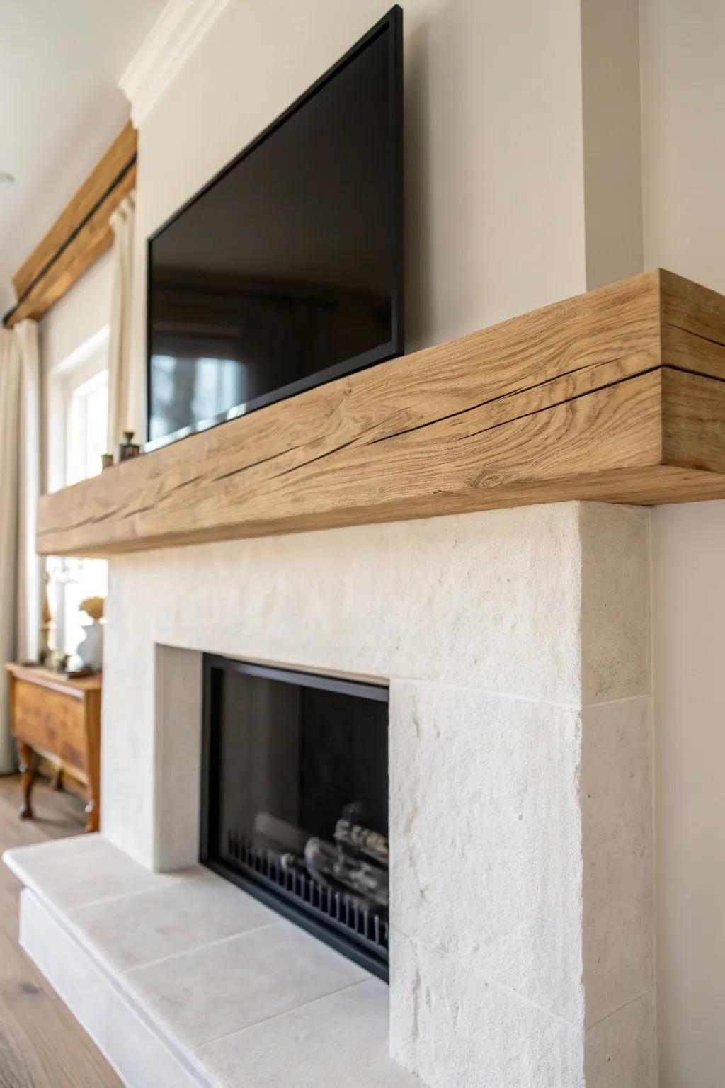 A simple wood beam mantel adds warmth and clean separation for a TV over the fireplace.