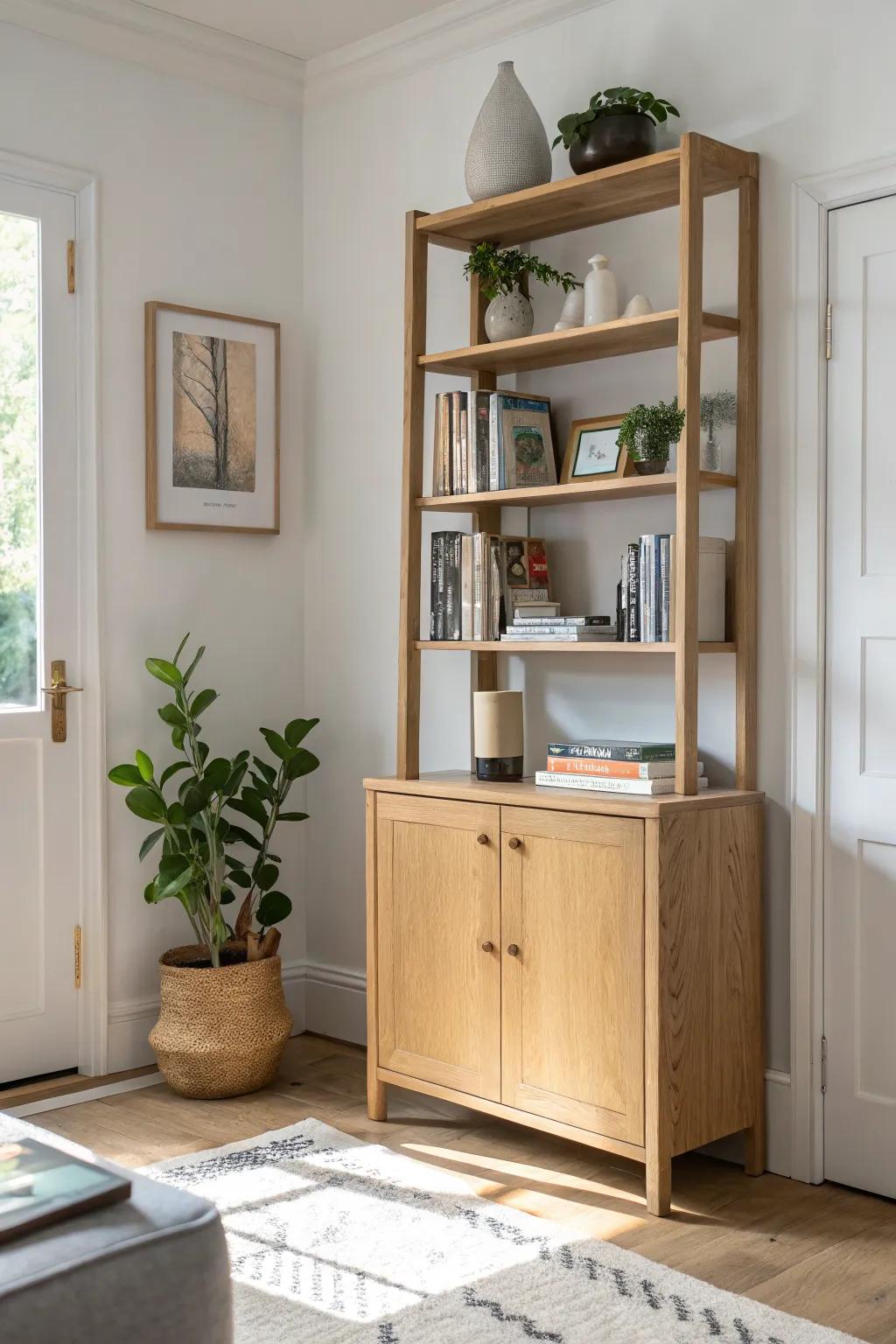 Open shelves up top, closed cabinets below—hide the clutter and let the pretty styling shine.