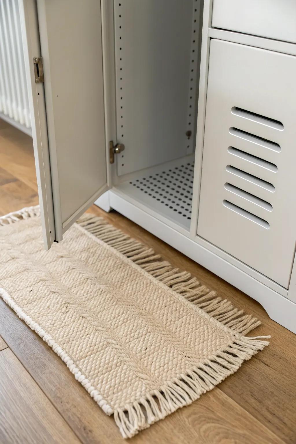 A tiny woven locker rug adds instant warmth—turning industrial storage into a cozy nook.