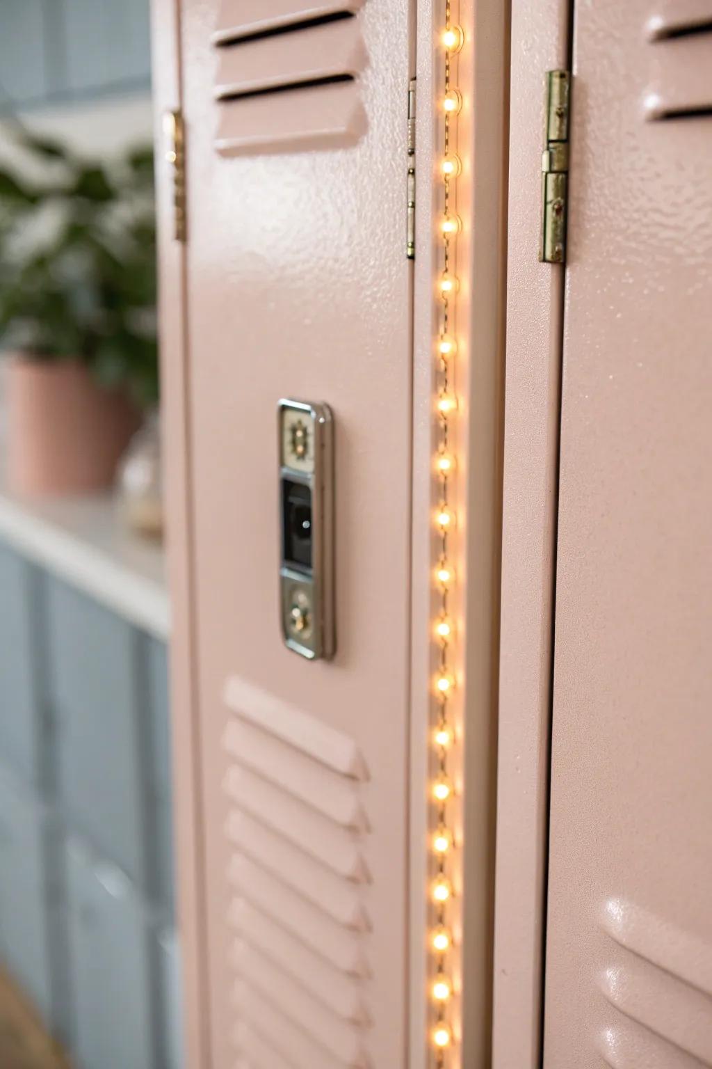 Battery-powered LED strip lighting turns a dark locker into a warm, cute glow-up moment.