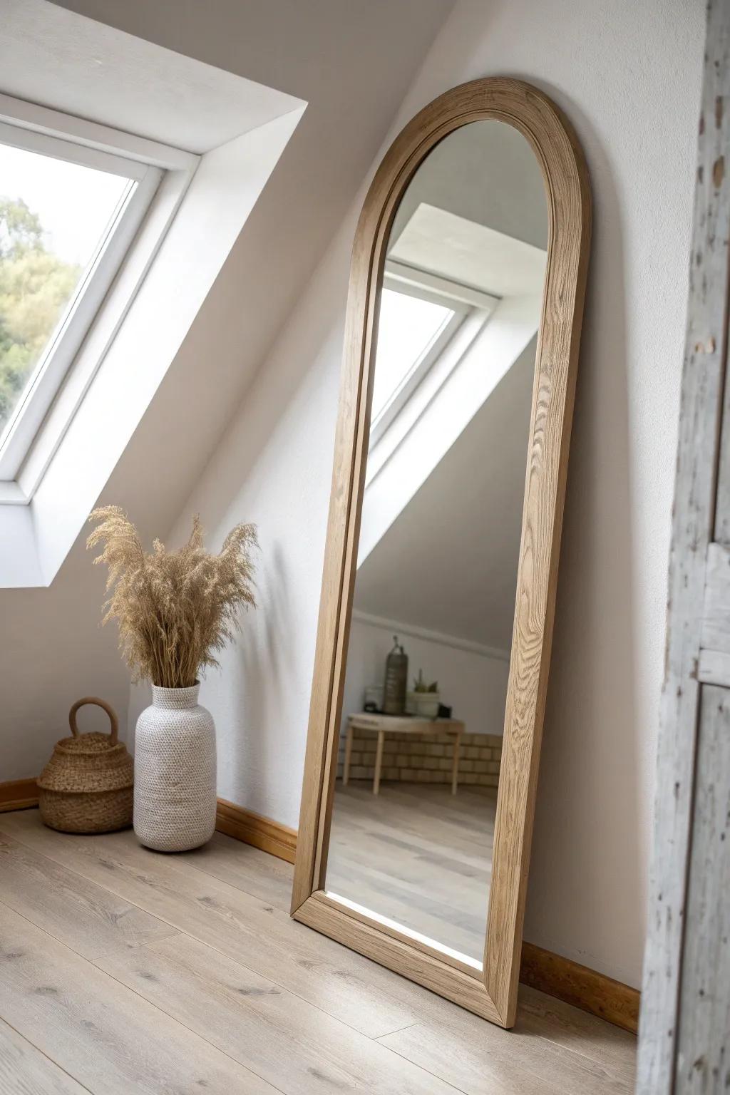 An oversized mirror reflects skylight to brighten your loft bedroom and open up sloped walls.