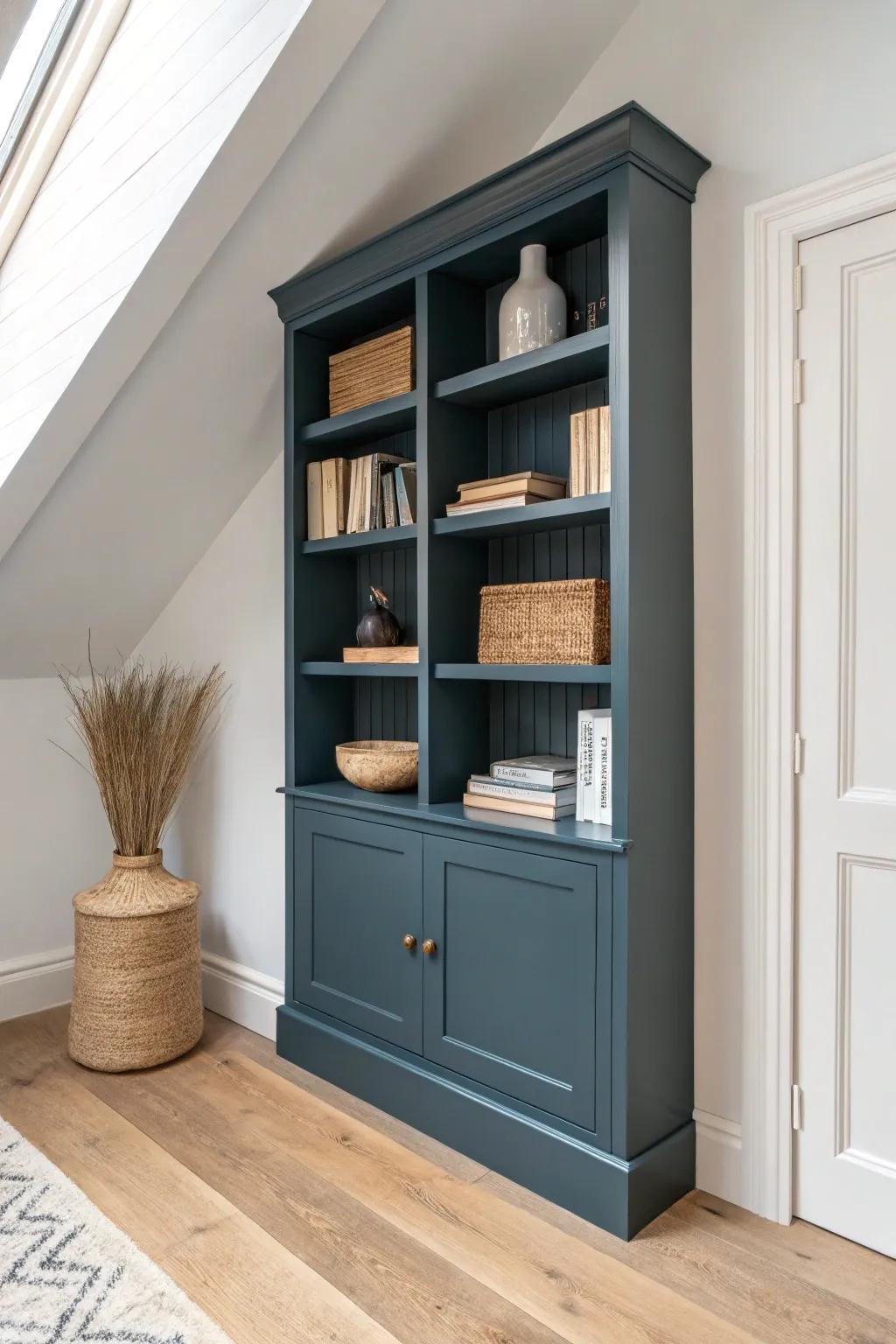 Deep-painted shelves turn a loft corner into a cozy library destination—rental friendly, too.