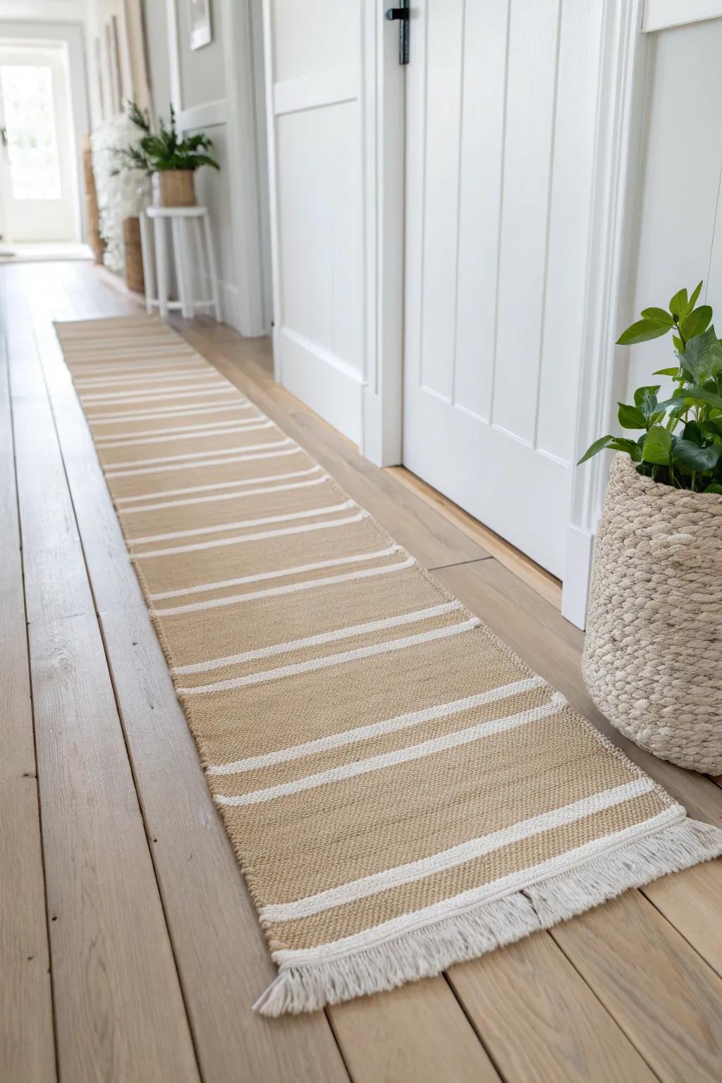 Layer a long runner over a flat rug for instant plush texture—without changing the whole hall.