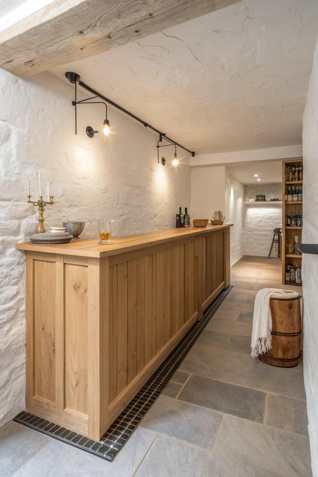 A slim oak basement bar adds function at the end of a long narrow space—without bulk.