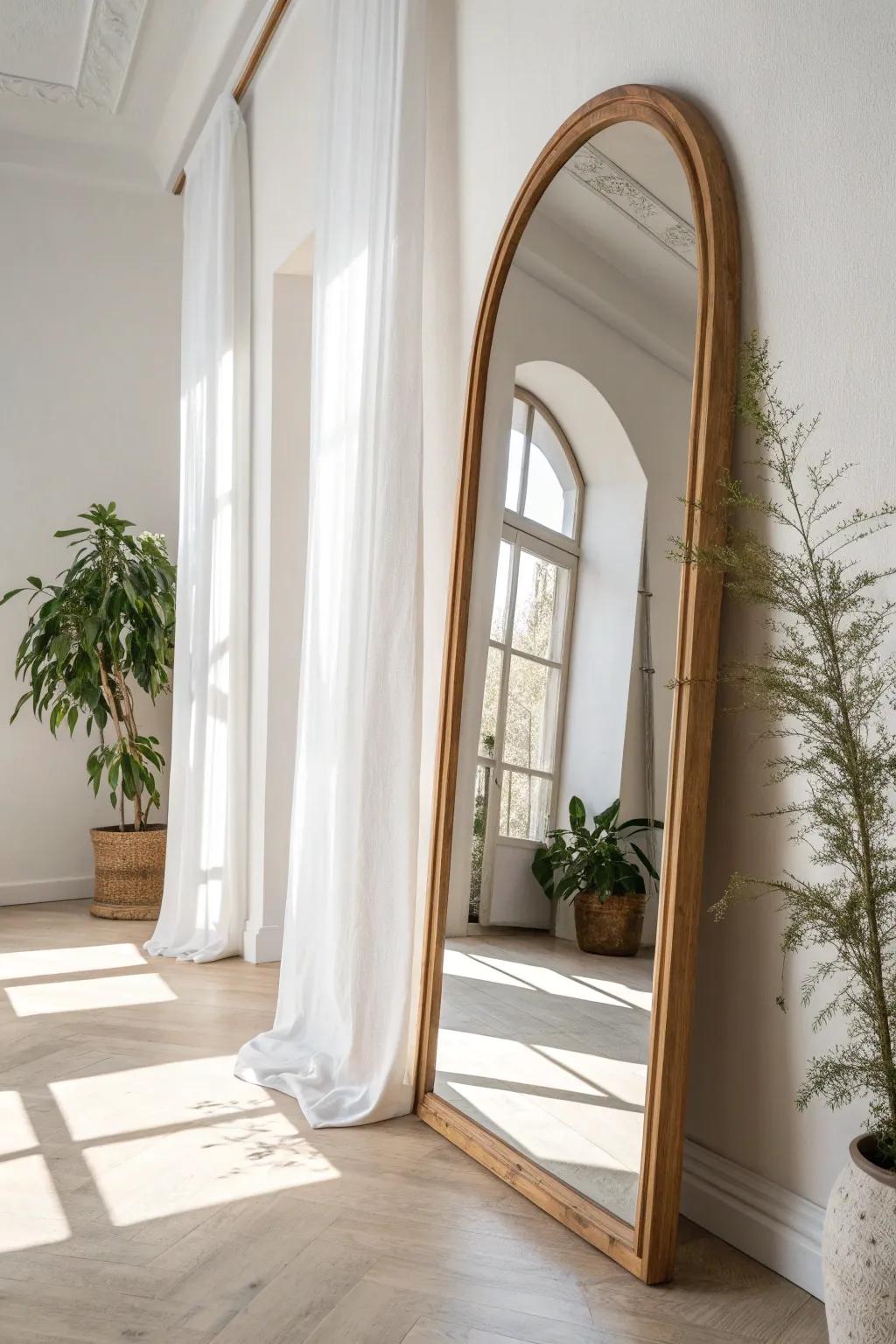A tall arched mirror at the end of a narrow sunroom doubles the light and airy feel.