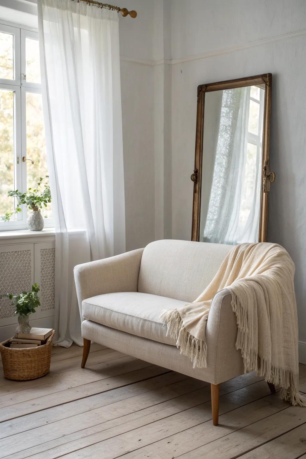 A mirror beside a bedroom loveseat reflects light, making a tiny seating nook feel twice as open.