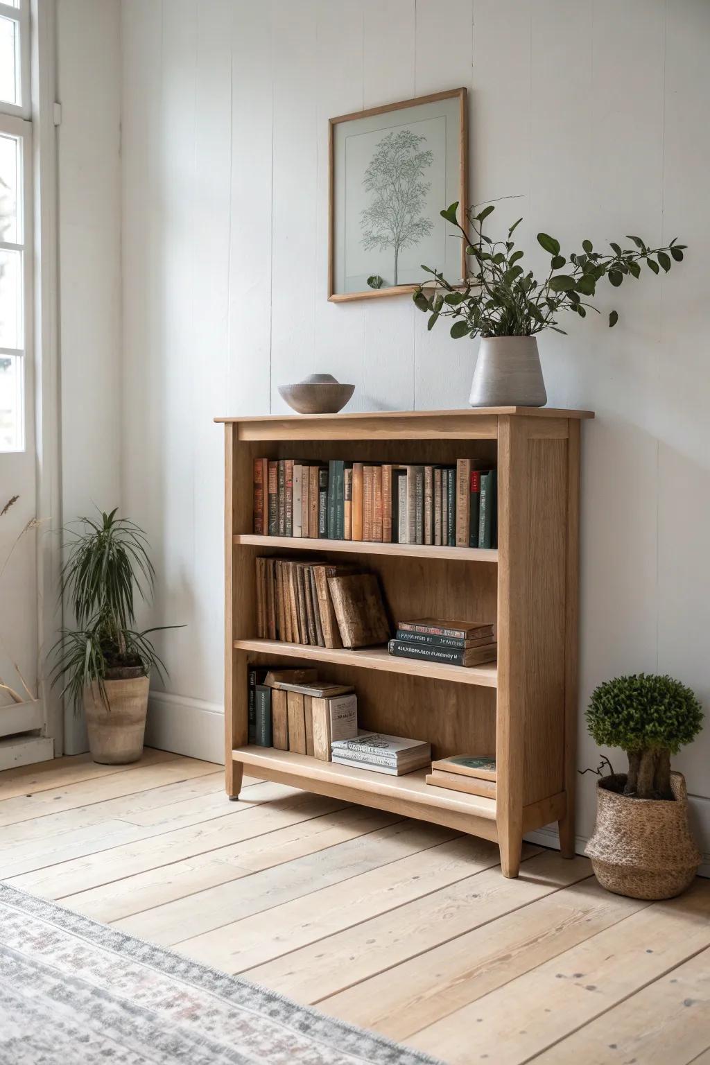Color-grouped books on a low shelf turn visual clutter into calm, decor-worthy storage.