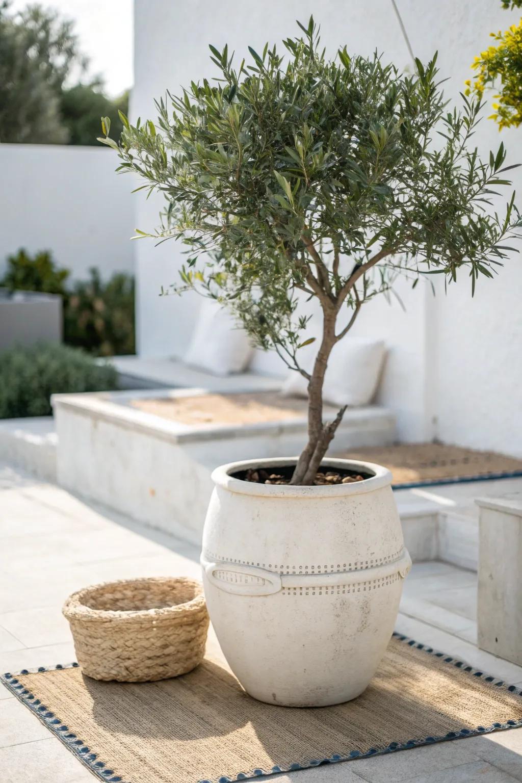 One oversized pot turns a grass-free backyard corner into a flexible, low-maintenance oasis.