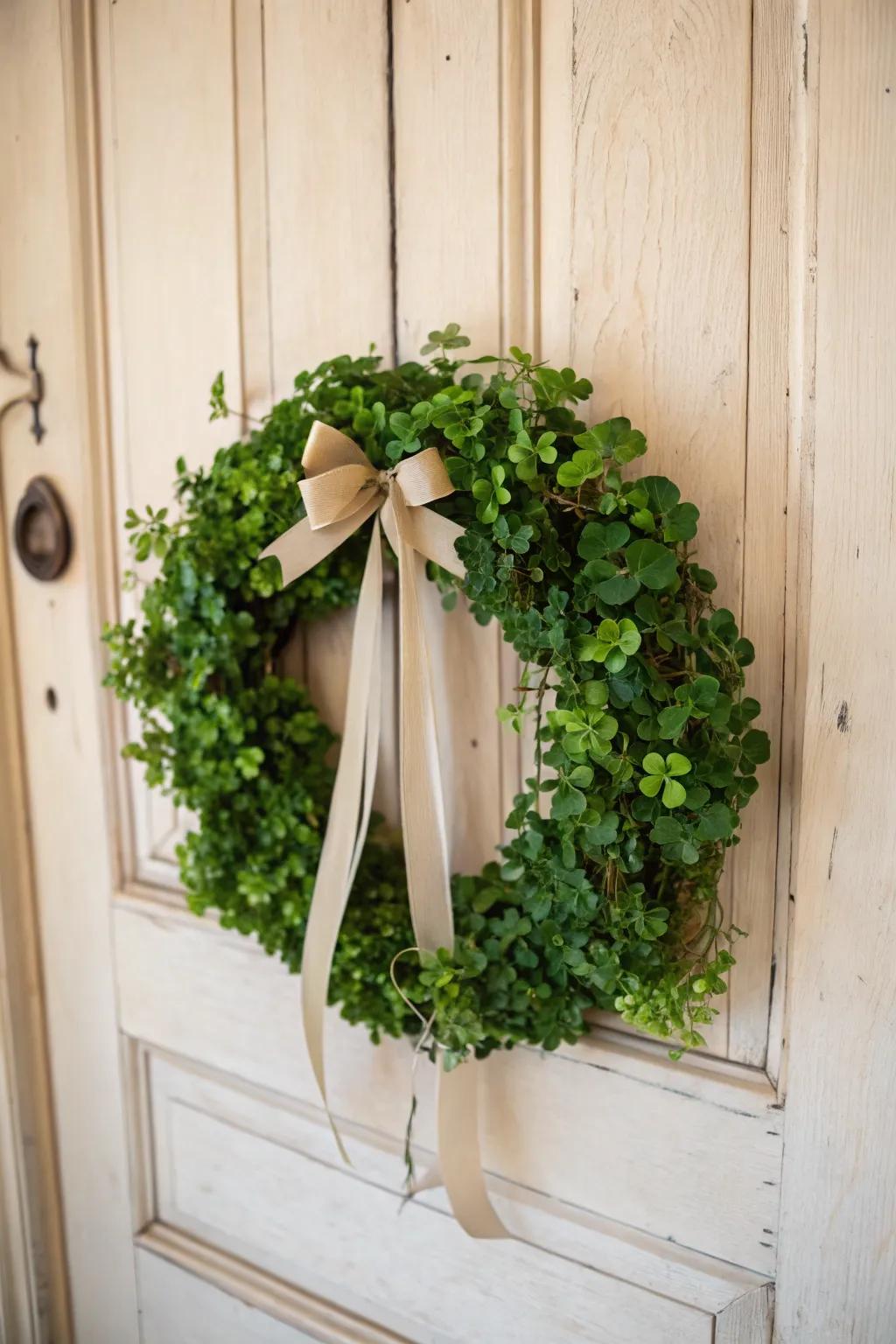 Welcome guests with a touch of nature and charm: a shamrock door wreath that celebrates simplicity and style.
