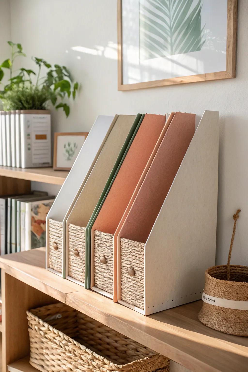 Color-coordinated magazine files that turn your bookshelf into effortless, tidy decor.