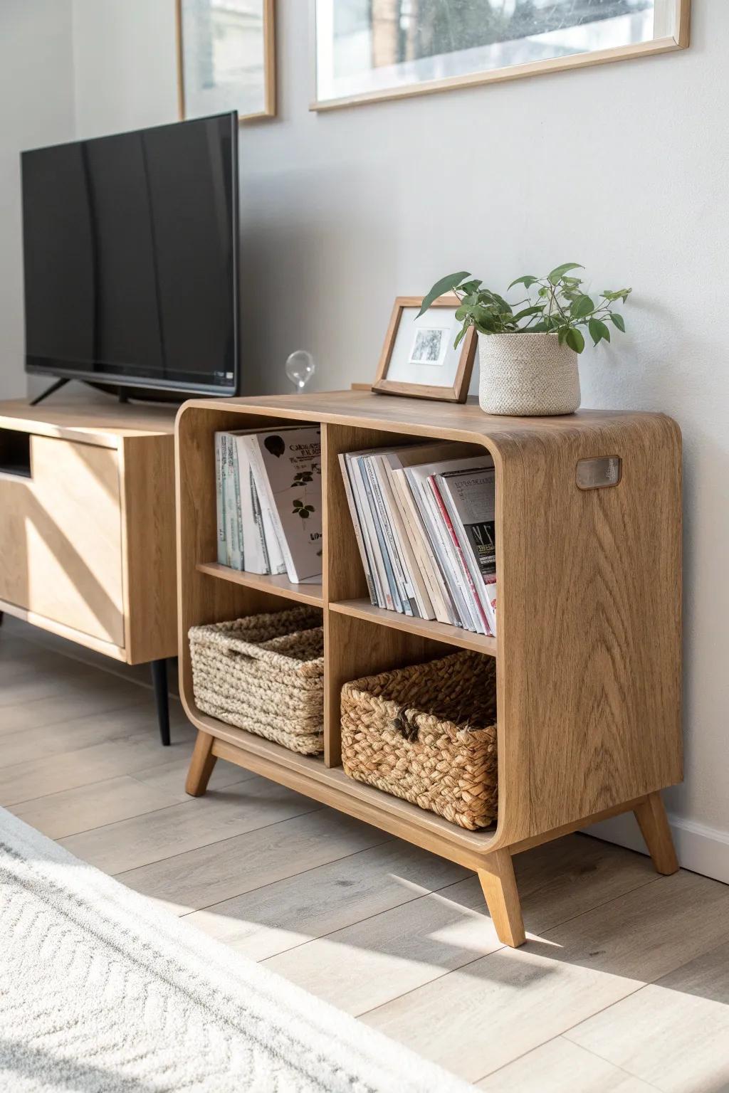 Turn one TV-stand cubby into a calm magazine corral with a simple oak holder.
