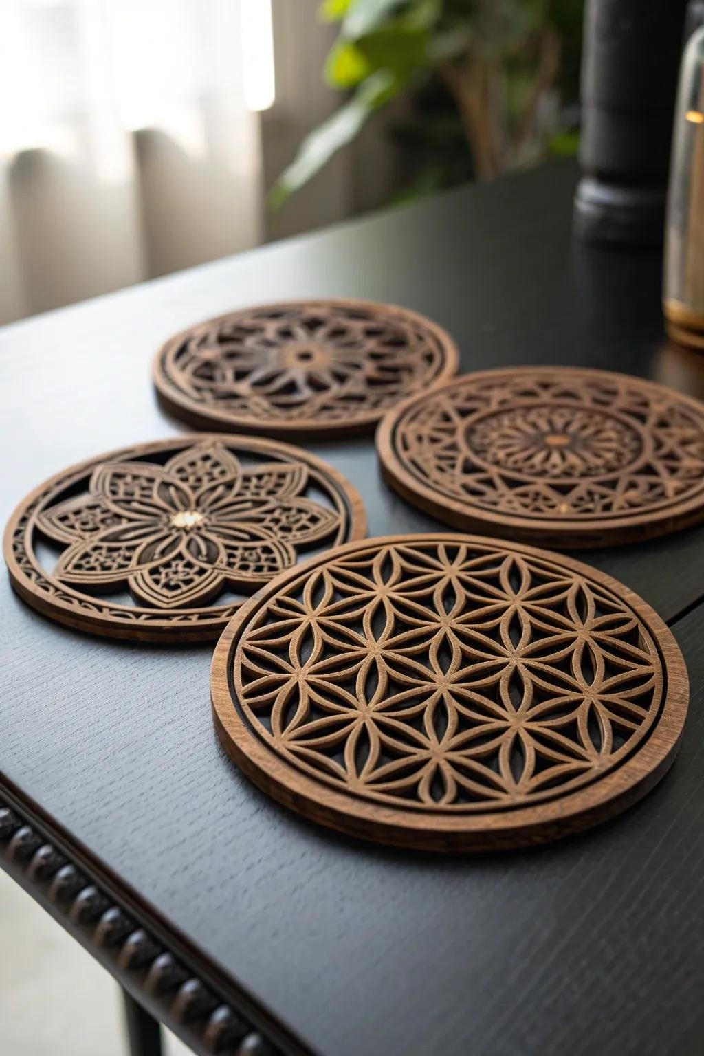 Elevate your table setting with bespoke laser-cut coasters, where artistry meets functionality.