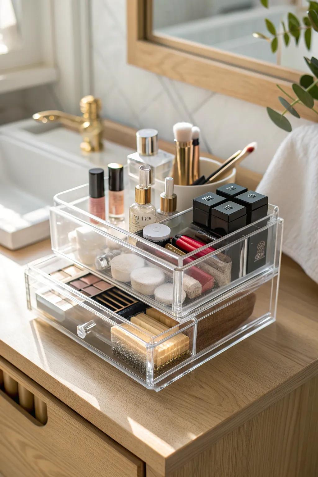 Go vertical with stackable drawers to keep minis and samples tidy on a small vanity.