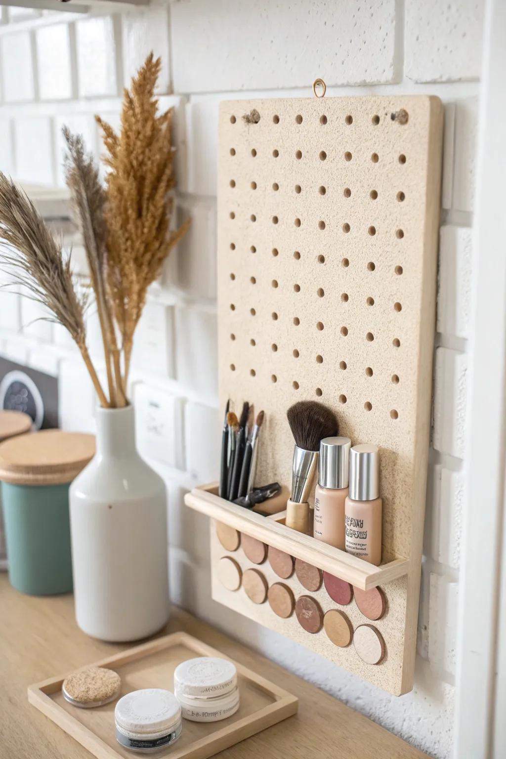 A tiny pegboard creates flexible makeup zones—perfect storage when drawers are scarce.