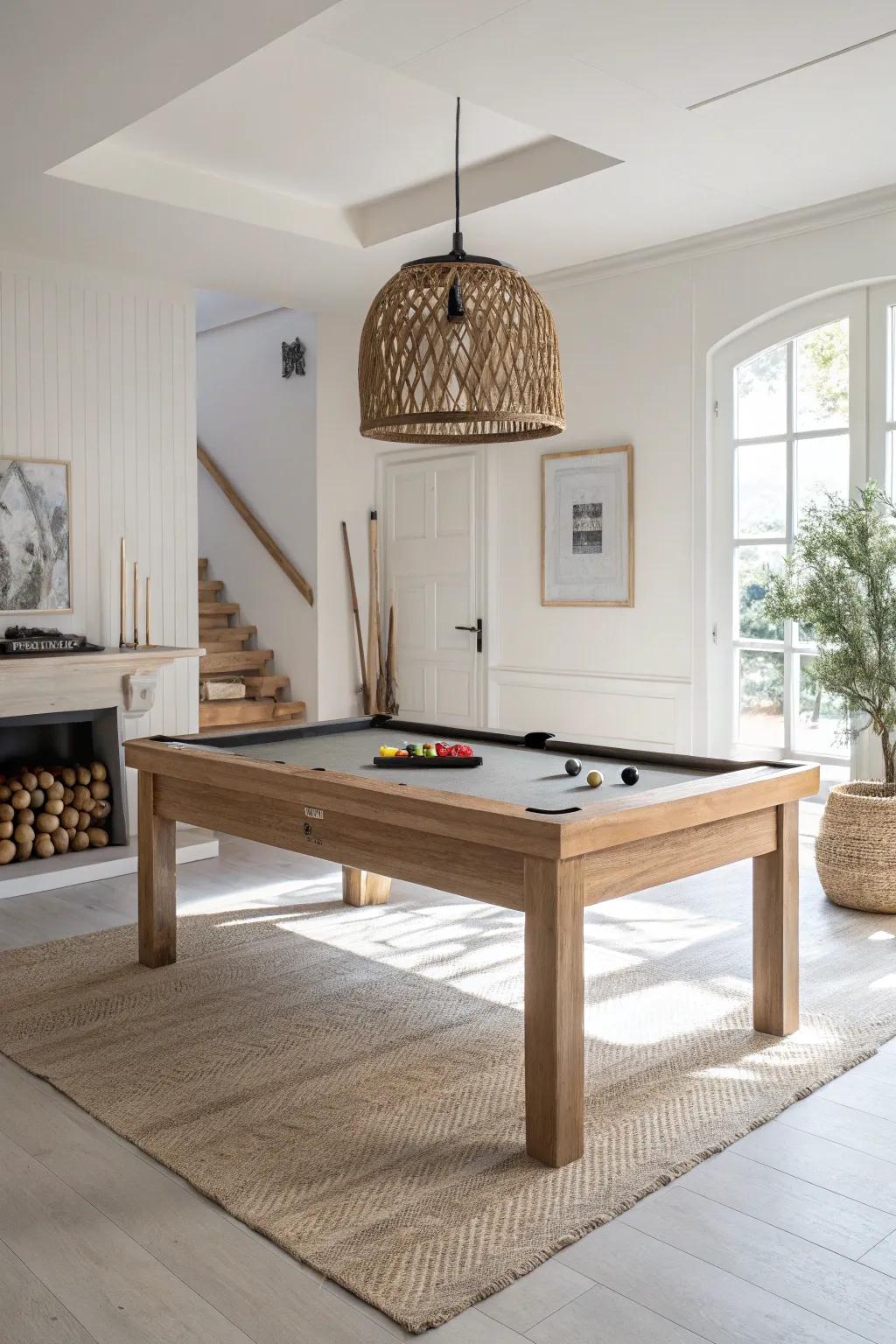 A convertible pool table that doubles as a dining/work surface—perfect for a small man cave.