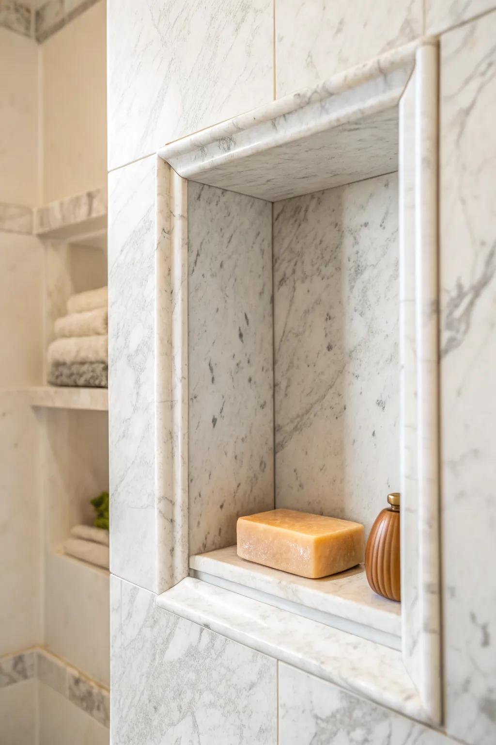 Mitered marble corners make a shower niche look seamless, luxe, and boutique-hotel clean.