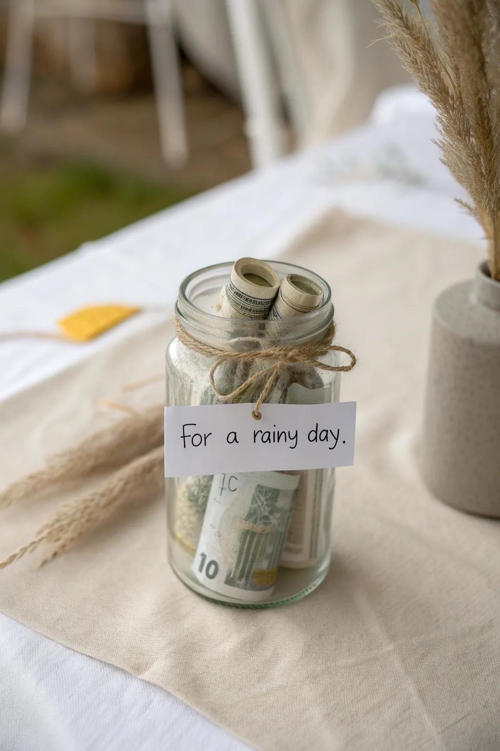 A charming and thoughtful gift idea – a mason jar filled with 'rainy day' surprises.