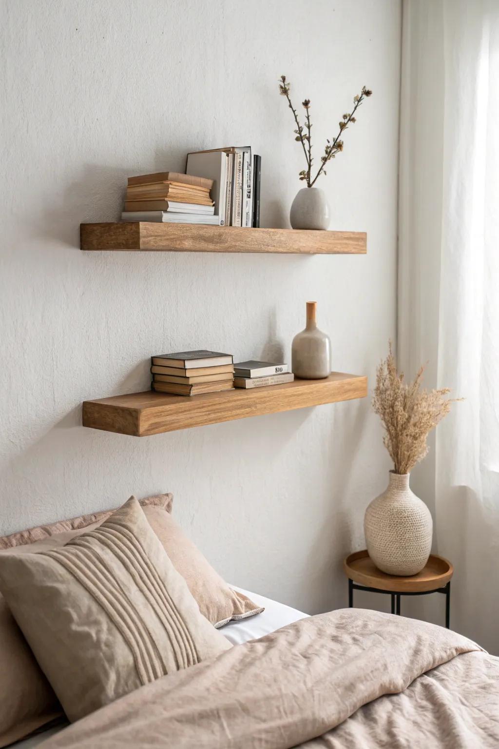 Floating oak shelves keep your bedtime reads close—no bulky bookcase needed in small bedrooms.