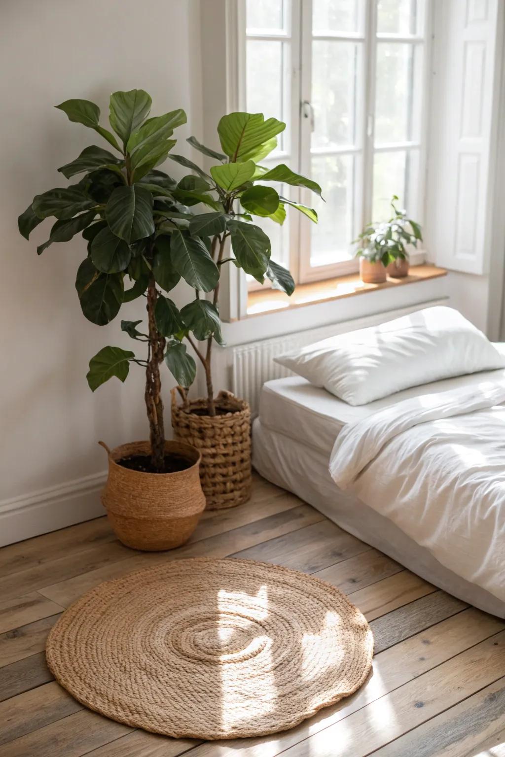 A floor-level bedside plant adds a lush, retreat-like layer to a mattress-on-the-floor setup.