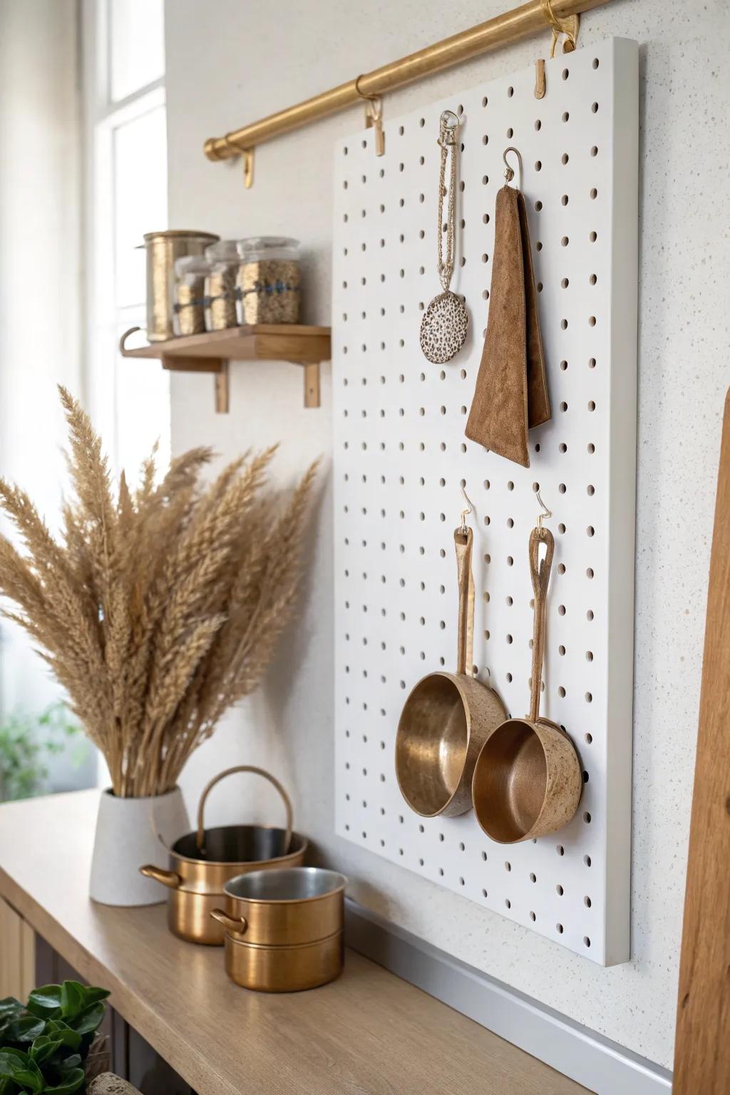 Mini pegboard baking zone: nested measuring cups on oak pegs for a tidy grab-and-go nook.