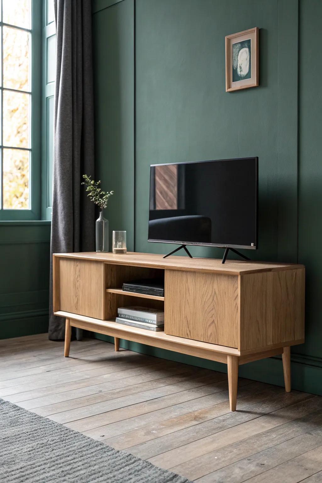 A low oak media console with built‑in cable channels keeps your TV wall sleek and clutter‑free.