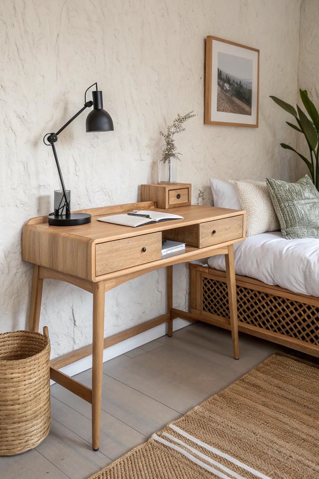 Slim corner desk = instant work zone without crowding a small men’s bedroom. Keep the top minimal.