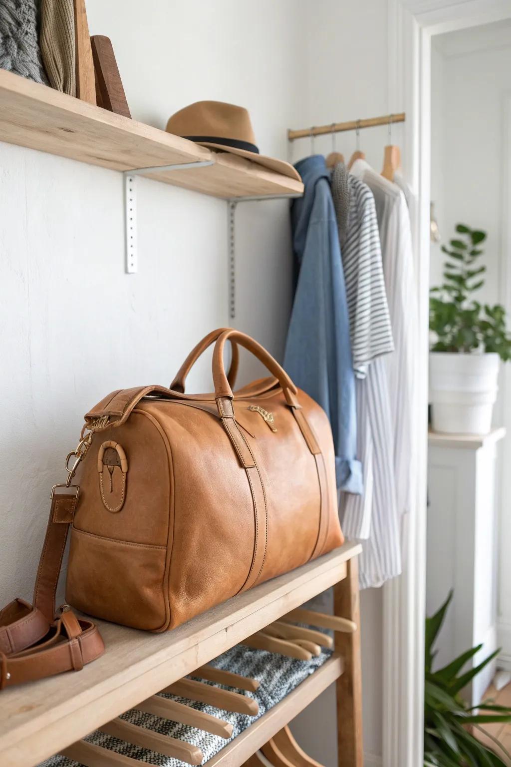 Claim the top shelf: a handcrafted duffel keeps travel gear tidy and out of the way.