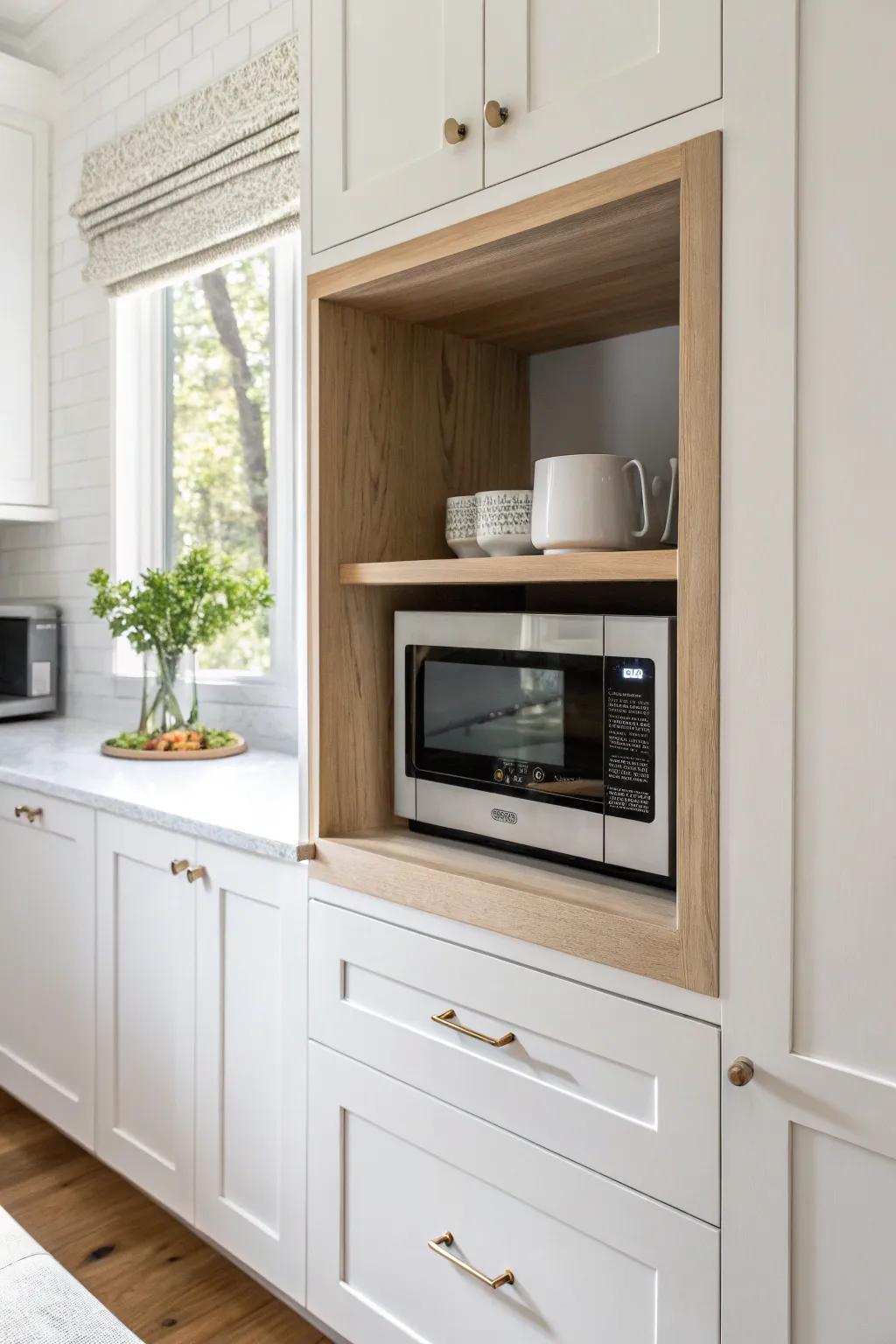 An open microwave shelf built into the cabinet run—clean edges, oak trim, zero clutter.