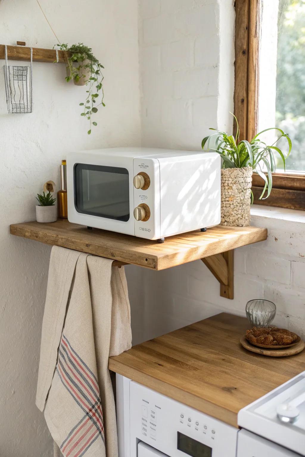 A sturdy floating shelf lifts the microwave off the counter—clean, airy, and space-saving.
