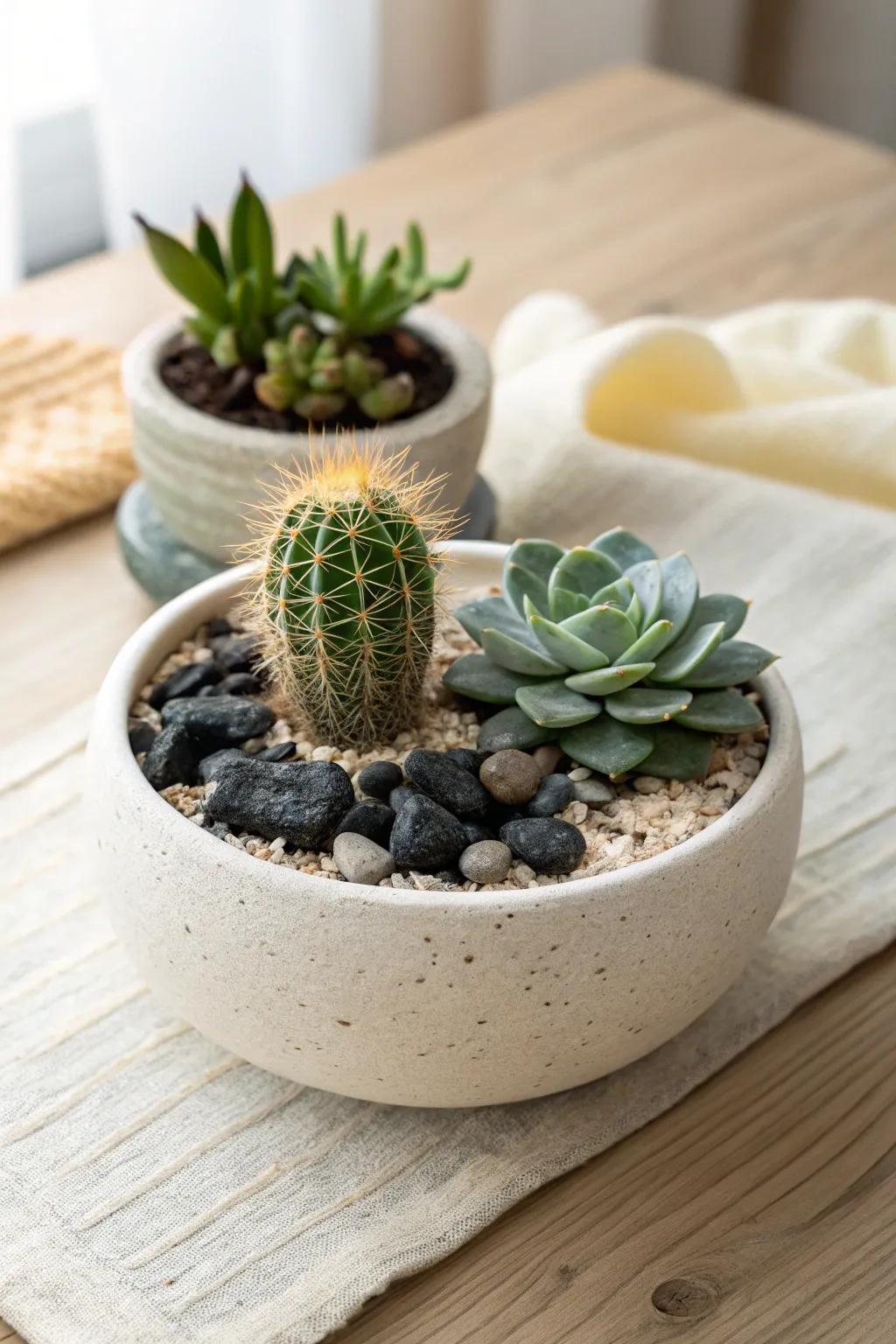 Spiky meets rosette: a tiny cactus bowl with bold texture contrast for small-space styling.