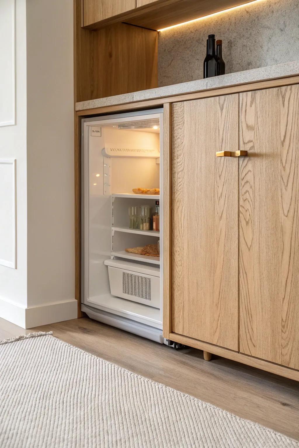 Turn your mini fridge into furniture—built into a bookshelf base for a sleek, cozy look.