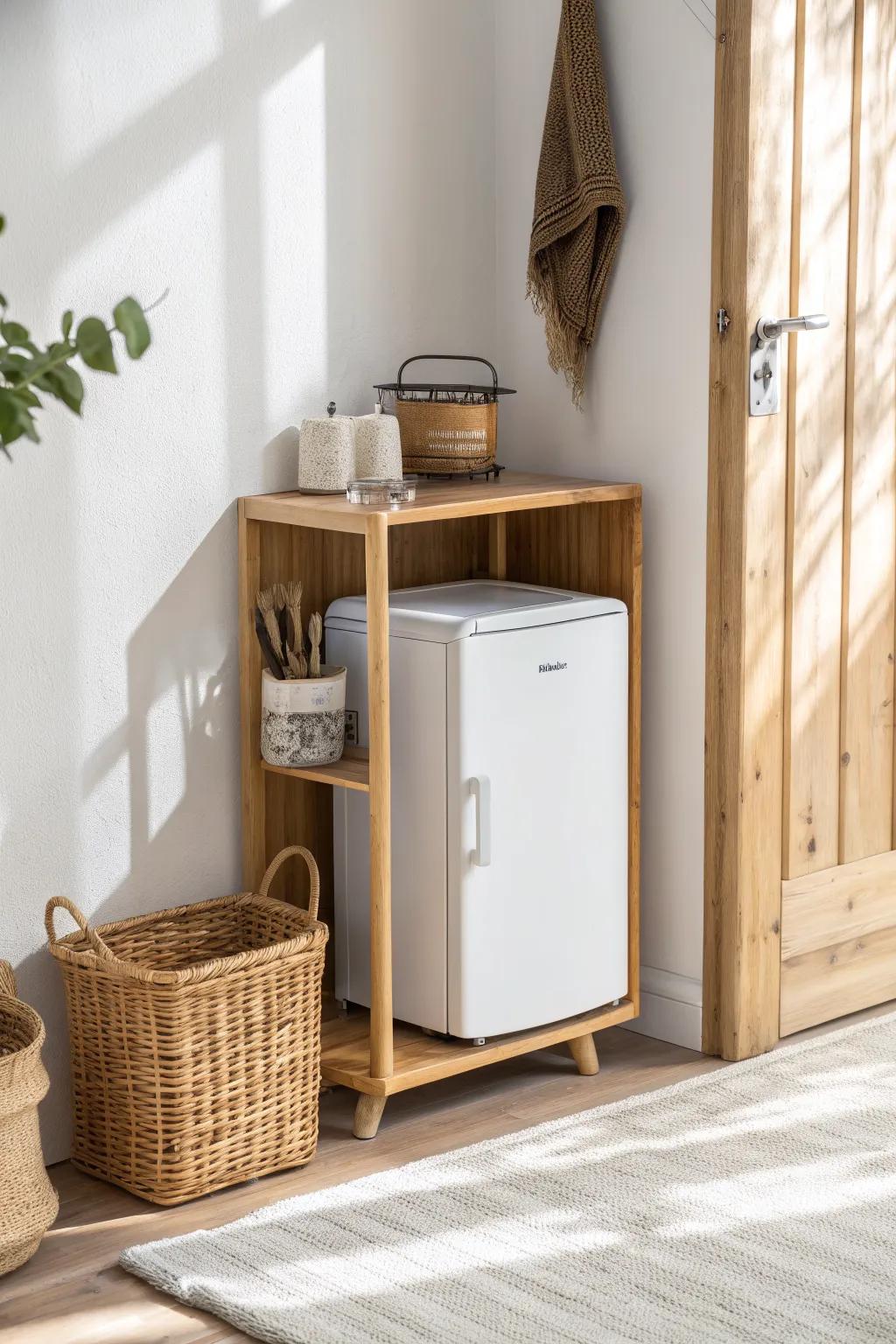 A slim open-sided mini fridge stand that adds vertical storage without crowding the hallway.