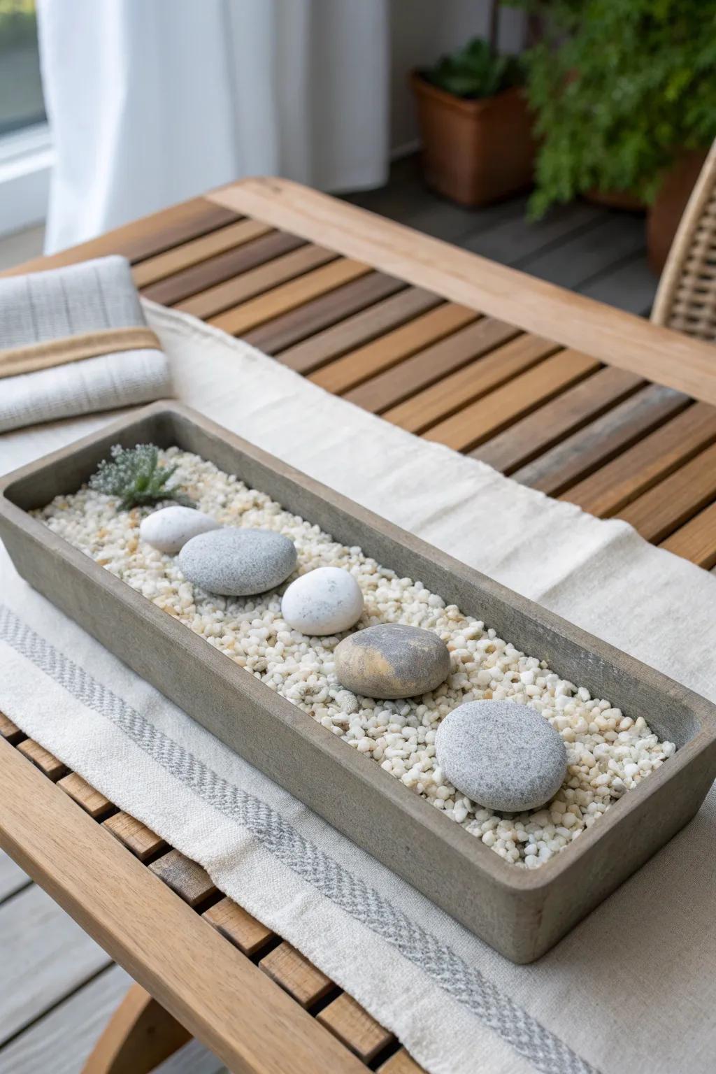 Tiny balcony, big calm: a weather-friendly planter tray zen garden with gravel and stones.