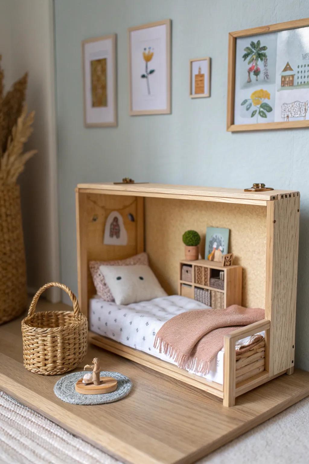 A tiny storybook kids’ bedroom scene—mini bed, toy nook, and hidden books under the frame.