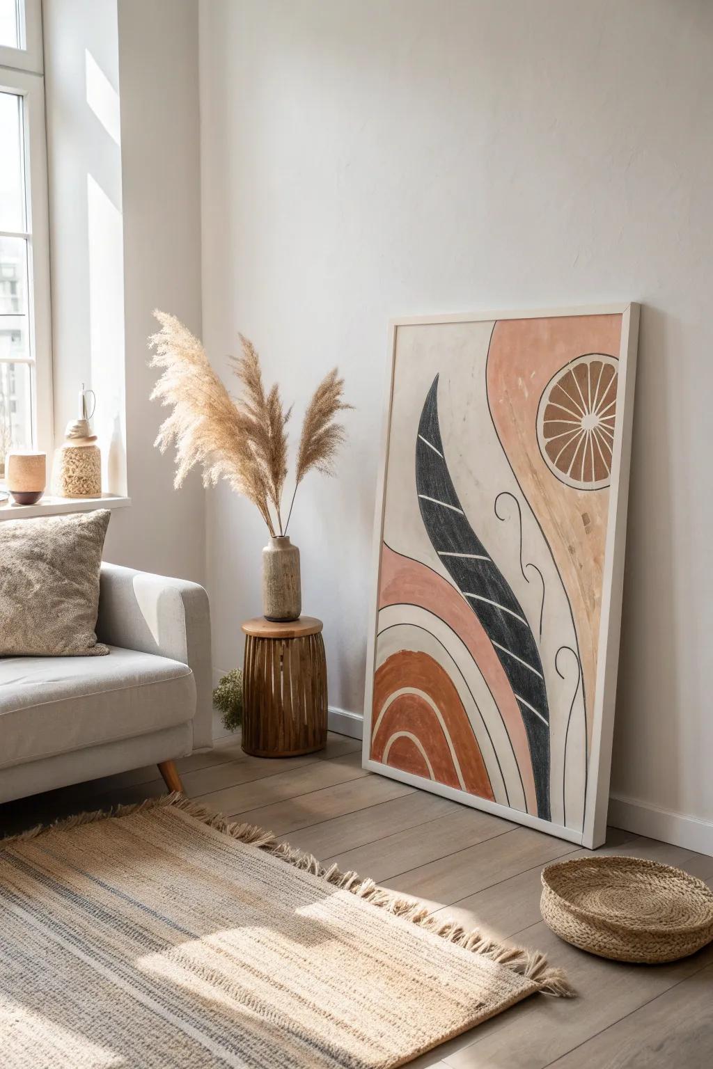 One oversized art piece creates a calm focal point and makes a tiny space feel curated.
