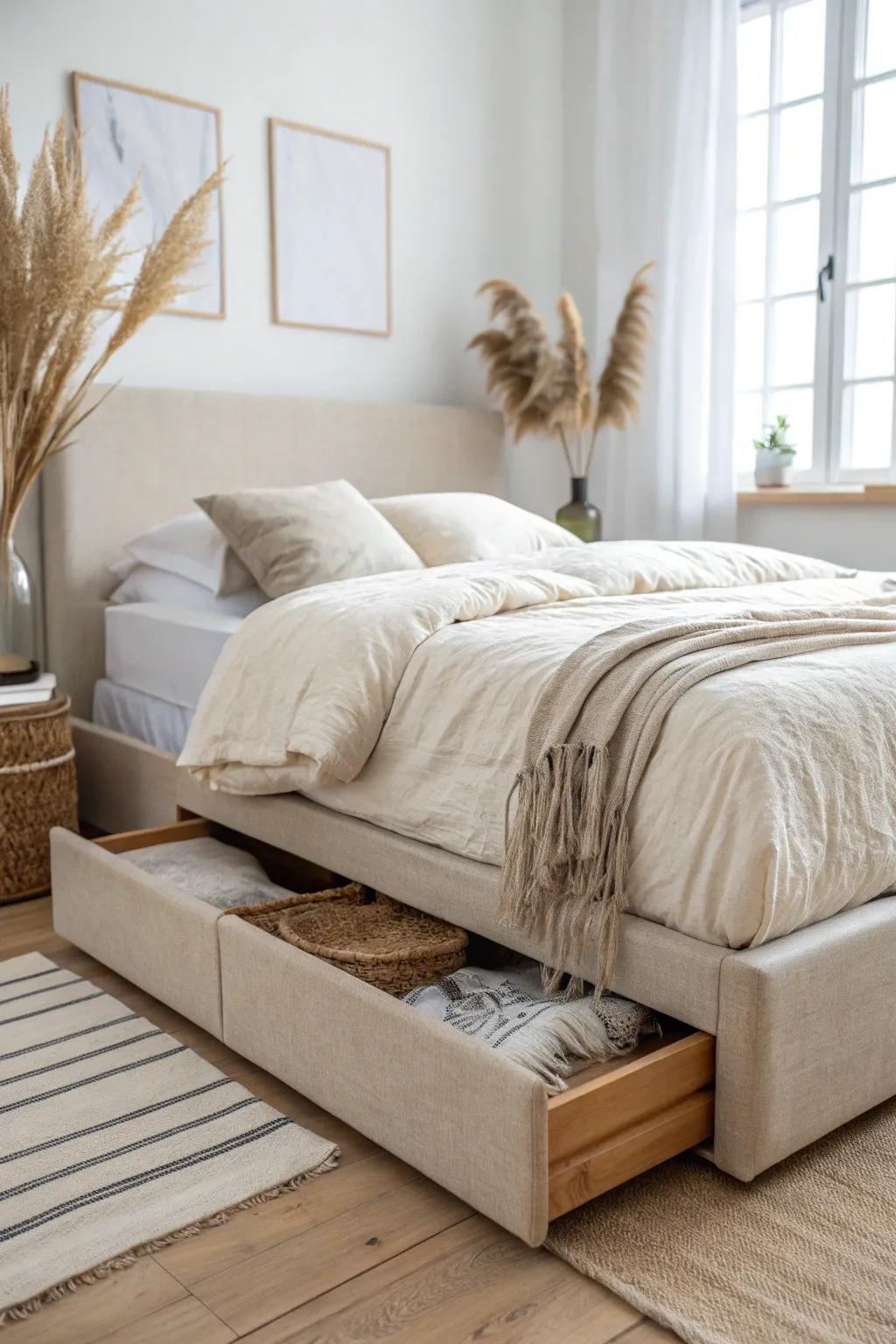 Neat matching under-bed bins turn hidden space into a tiny closet for small bedrooms.