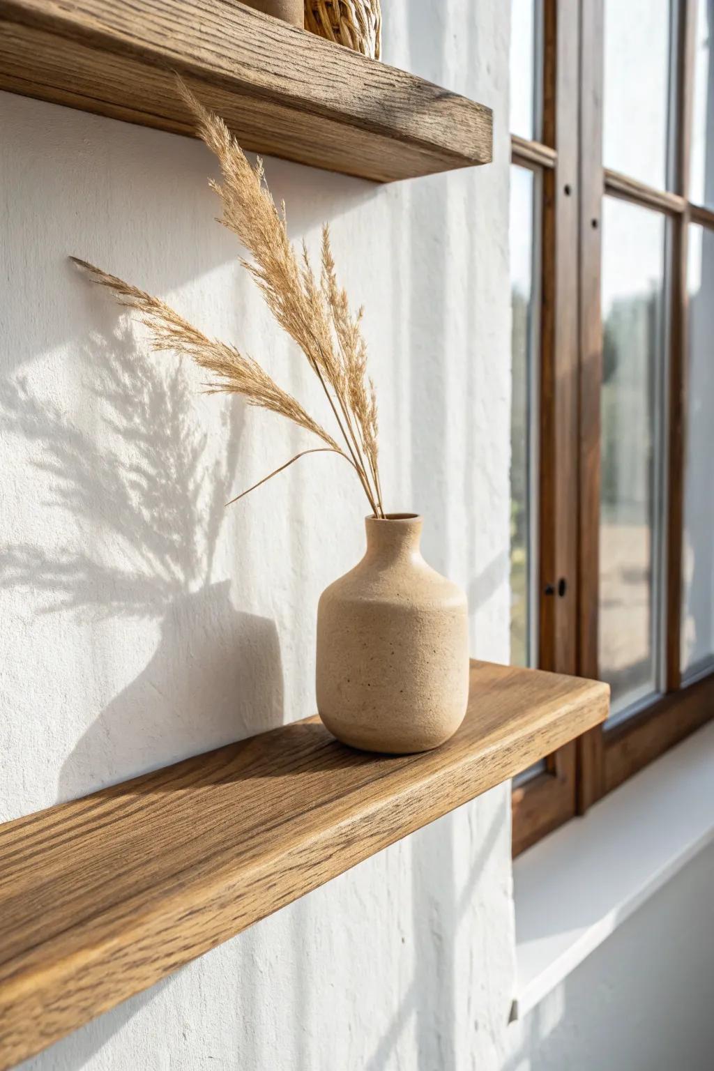 One simple shelf, one handmade vase—leave space empty to let minimalist decor breathe.