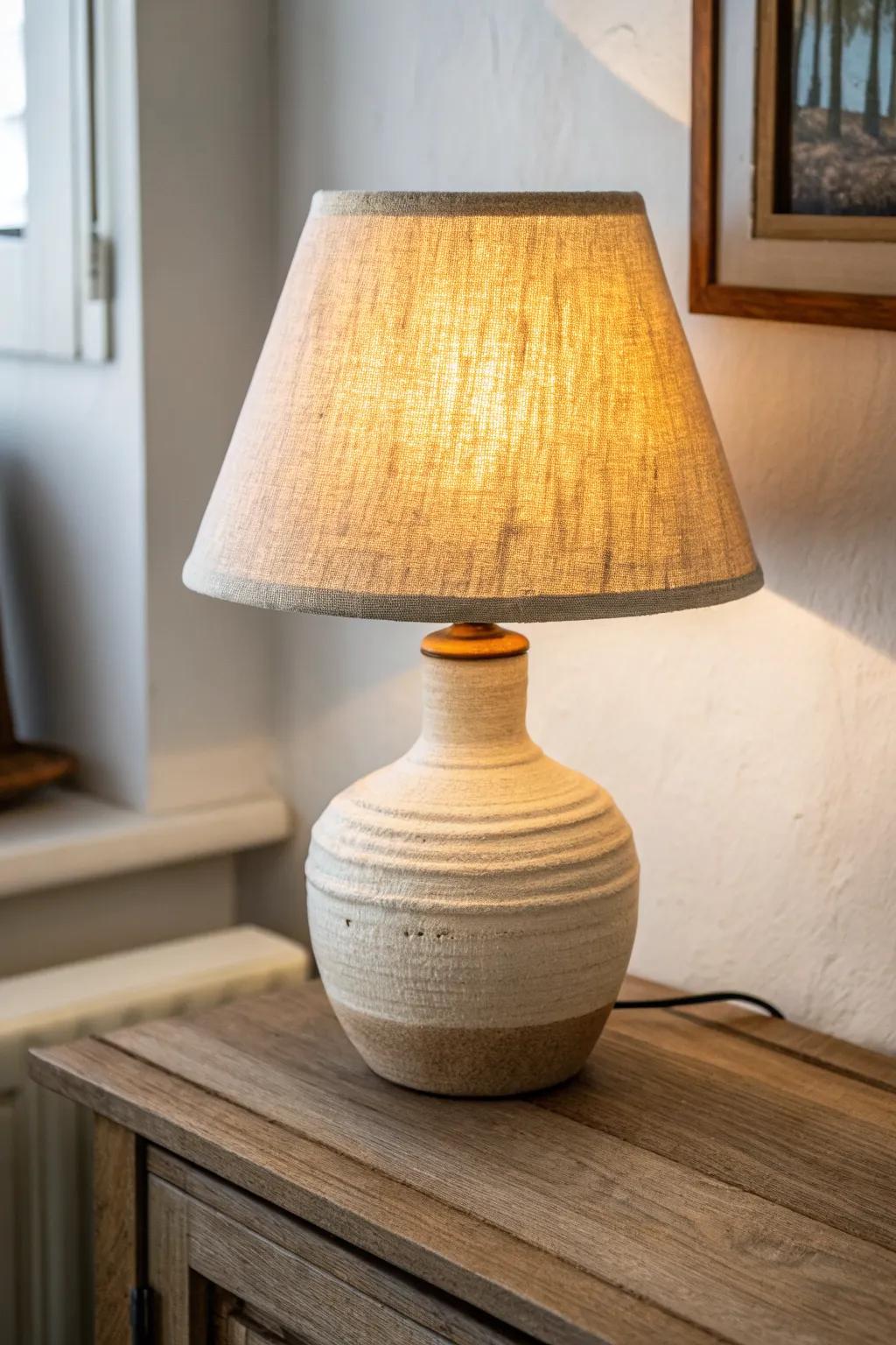 Trade harsh dorm overheads for a petite linen-shade lamp—soft light, cozy minimalist calm.