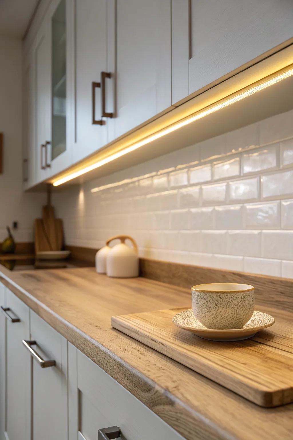 Warm under-cabinet lighting that makes a small minimalist kitchen feel airy and cozy.
